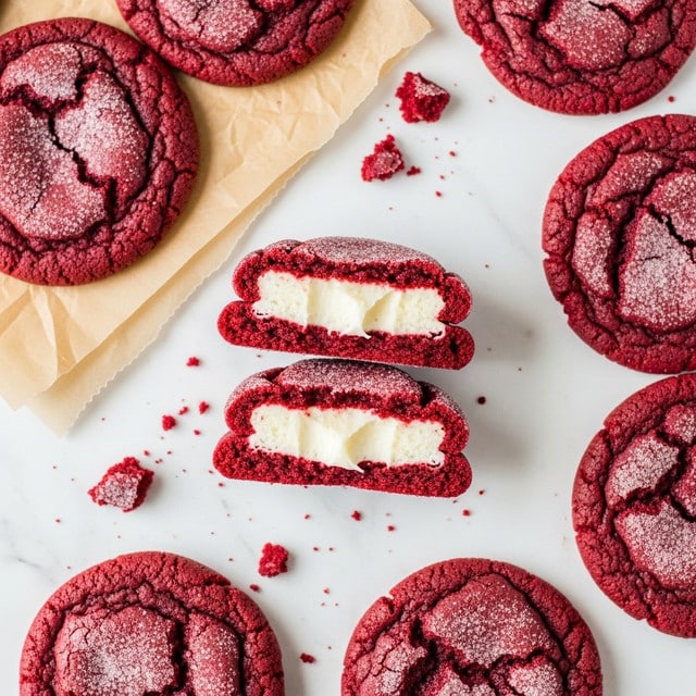 The image shows several red velvet cookies scattered on a white marbled surface, with some placed on a piece of brown parchment paper. The cookies are deep red with a slightly cracked texture on the top layer. One cookie in the center is broken in half, revealing a thick, creamy white filling inside, creating a clear two-layer look with the red outer cookie and the white inner cream. The surface of the cookies has a sugar-coated sparkle, adding a bit of shine. The arrangement is casual, with crumbs and small pieces around, highlighting the soft texture of the cookies. photo taken with an iphone --ar 4:5 --v 7