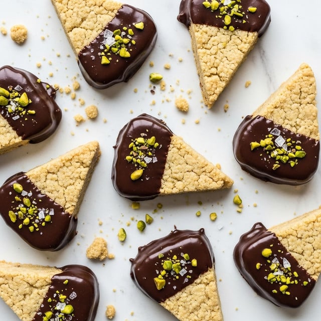This image shows several shortbread cookie triangles laid out on a white marbled surface, each with one end dipped in glossy, dark chocolate. The cookies have a light golden-brown color with a crumbly texture, and the chocolate-covered ends are sprinkled with small pieces of green pistachios and a few coarse salt flakes. Crumbs and chopped nuts are scattered around the cookies, emphasizing their crunchy texture. The cookies are arranged in a casual, slightly overlapping manner, filling the frame with their triangular shapes. photo taken with an iphone --ar 4:5 --v 7