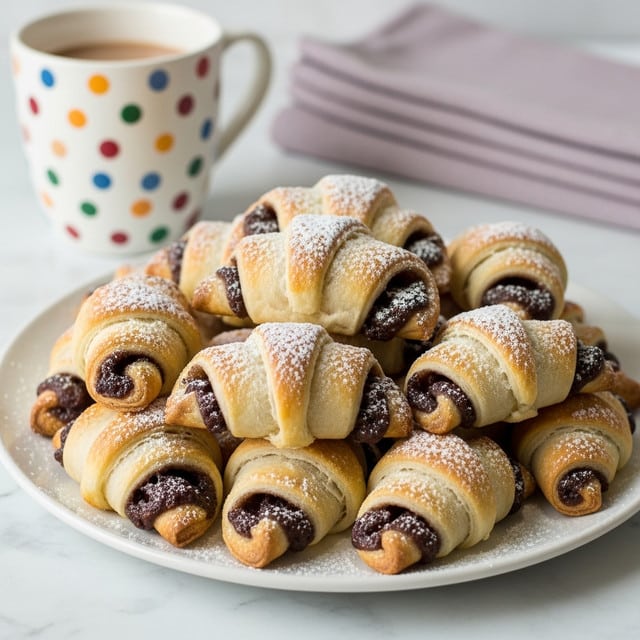 A white plate filled with about ten small crescent rolls, each golden brown with a visible dark brown filling spiraled inside, lightly dusted with white powdered sugar, layered unevenly with a close-up view showing their flaky texture; the plate is on a white marbled surface with a white mug with colorful polka dots filled with a light brown drink and a blurred folded purple cloth in the background. photo taken with an iphone --ar 4:5 --v 7