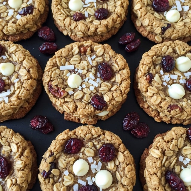 The image shows many oatmeal cookies with rough, uneven edges, each cookie having about three layers of mixed oats and small bits of dried cranberry visible throughout. The cookies are golden brown with slightly darker baked edges. Scattered white chocolate chips and small coconut flakes are embedded on the surface, adding white spots and a textured look. The cookies rest closely together on a dark matte surface, with a few dried cranberry pieces placed between them for a pop of deep red color. Photo taken with an iphone --ar 4:5 --v 7
