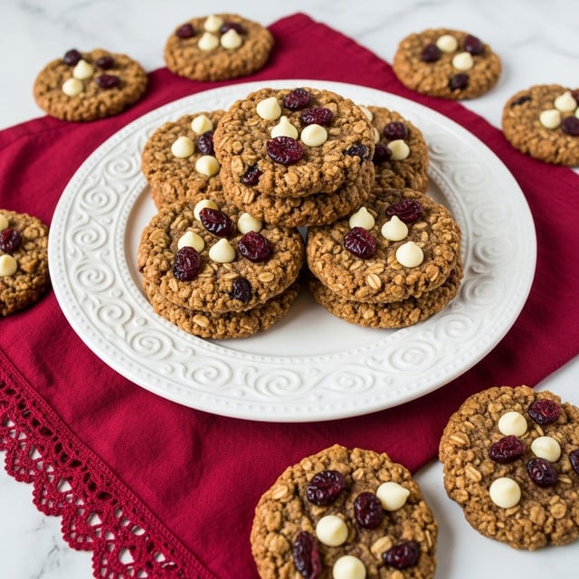 A white plate with a raised, intricate swirl pattern around the edge holds a stack of round oatmeal cookies, each about two layers thick with a rough texture. The cookies have a medium brown color with visible oats and are dotted with small white chocolate chips and dark red dried cranberries, adding pops of color on top and throughout each cookie. Around the plate and on a dark red cloth with lace trim underneath, more cookies are scattered. The setting is on a white marbled surface. photo taken with an iphone --ar 4:5 --v 7