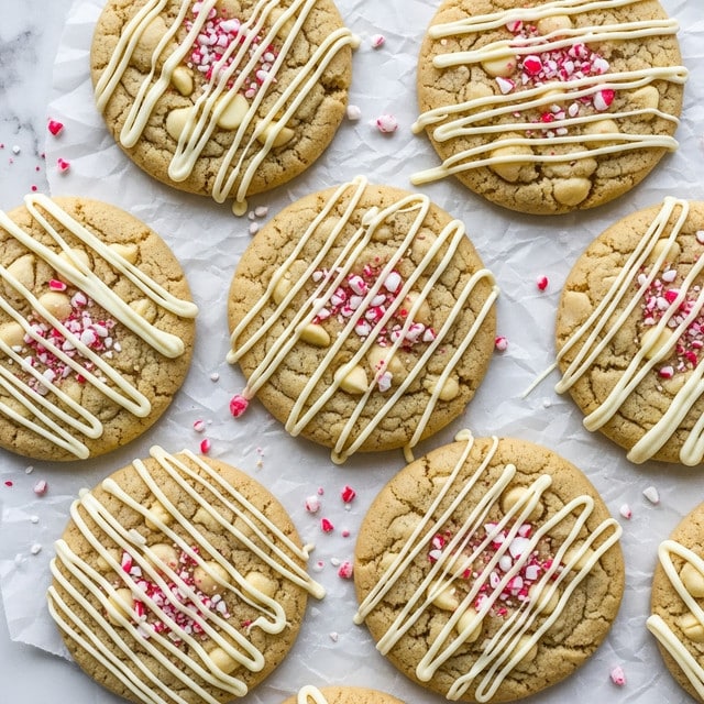 Several round cookies are arranged closely on crumpled white parchment paper over a white marbled surface. Each cookie has a soft golden color with a slightly browned edge, studded with white chocolate chips scattered on top. Thin white chocolate lines are drizzled across the surface of every cookie in a crisscross pattern. Small pink and white crushed peppermint candy bits are sprinkled both on the cookies and on the parchment paper around them, adding spots of festive color. The cookies have a soft, chewy texture with a slightly cracked top. photo taken with an iphone --ar 4:5 --v 7