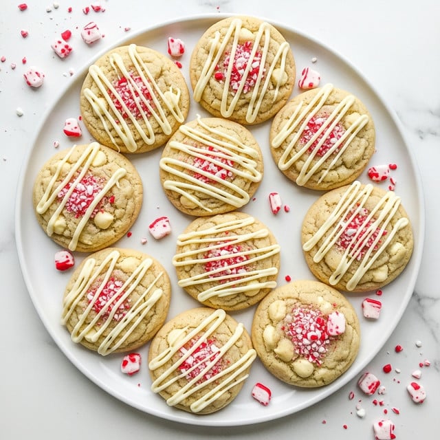 The image shows a white round plate holding eight cookies arranged close together. Each cookie has a light golden-brown base with soft texture, dotted with creamy white chocolate chips. Thin white chocolate drizzle crosses in lines over the top of each cookie. Small pieces of red-and-white crushed candy are scattered on the cookies and around the plate, adding color contrast. The plate sits on a white marbled surface which enhances the bright and festive look of the cookies. Photo taken with an iphone --ar 4:5 --v 7