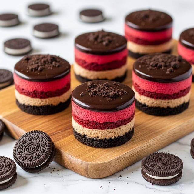 The image shows small cakes placed on a wooden board with a white marbled texture underneath. Each cake has three layers: the bottom layer is dark brown and crumbly like crushed cookies, the middle layer is a thick, smooth red velvet red, and the top layer is glossy dark chocolate with a sprinkling of crushed cookie pieces. Around the cakes, there are mini sandwich cookies with dark brown outer layers and white cream inside, scattered loosely. The background features more mini sandwich cookies blurred out on the white marbled texture. photo taken with an iphone --ar 4:5 --v 7