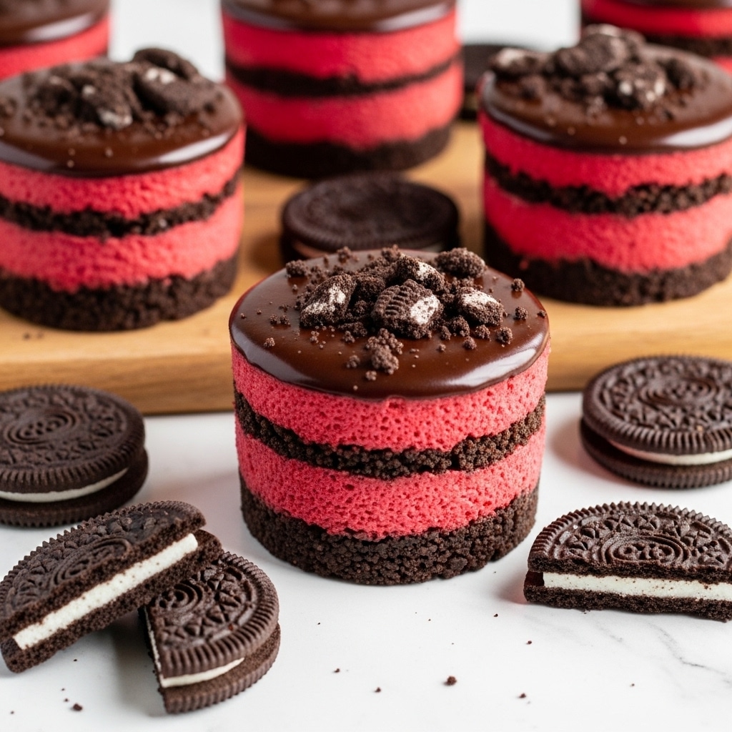 The image shows mini layered cheesecakes on a white marbled surface. Each cheesecake has three layers: a bottom dark crumbly chocolate base, a thick middle layer of bright red cheesecake, and a glossy dark brown chocolate topping sprinkled with crushed chocolate cookie crumbs. They are placed on a wooden board, surrounded by whole and halved chocolate sandwich cookies with white cream inside. The texture of the cheesecake looks creamy and smooth, and the cookie base appears dense and crumbly. Photo taken with an iphone --ar 4:5 --v 7