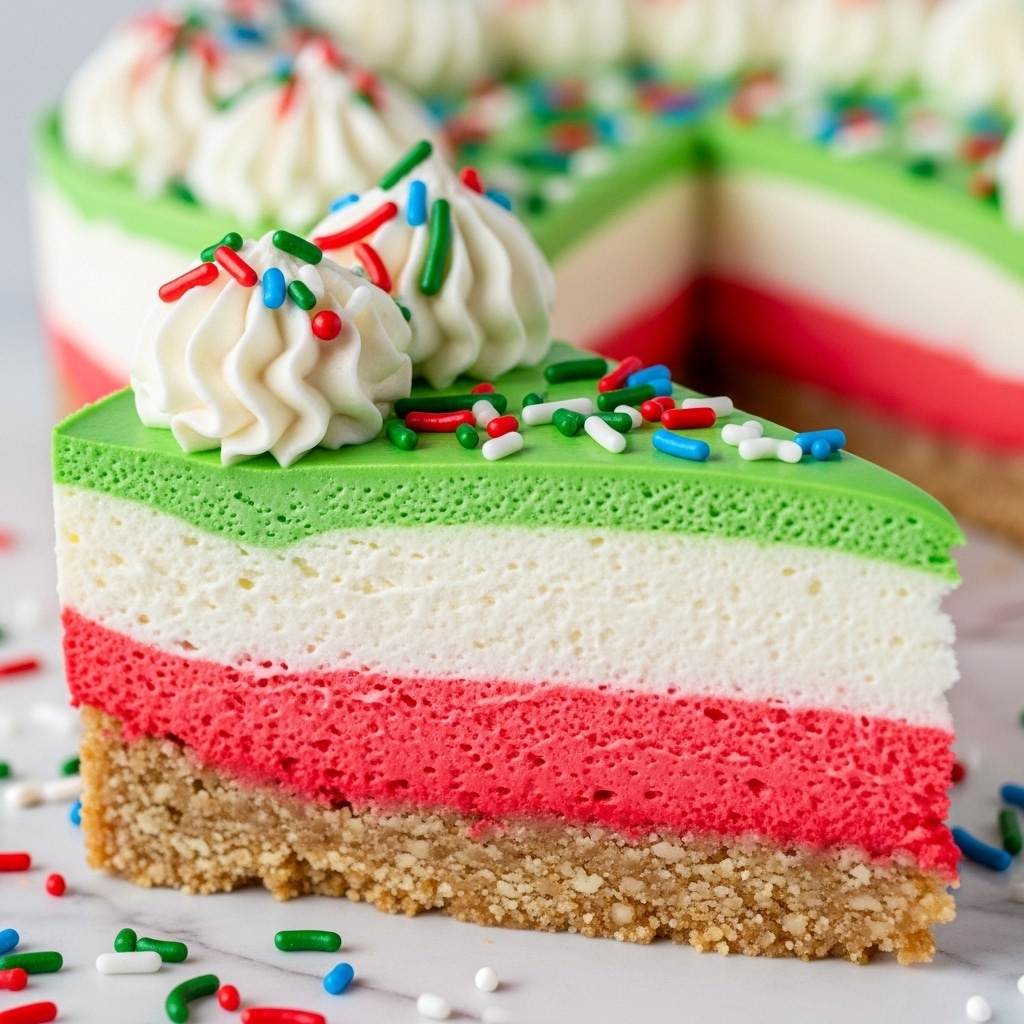 A slice of layered dessert shows four clear layers from bottom to top: a crumbly light brown crust, a thick bright red creamy layer, a smooth white creamy layer, and a shiny green creamy top layer. The green layer is decorated with white swirls of cream topped with colorful round and long sprinkles in red, green, white, and blue. More colorful sprinkles are scattered on the white marbled surface around the slice. The dessert has a smooth texture on most layers except the crumbly base, and the photo focuses closely on the front side of the slice. photo taken with an iphone --ar 4:5 --v 7