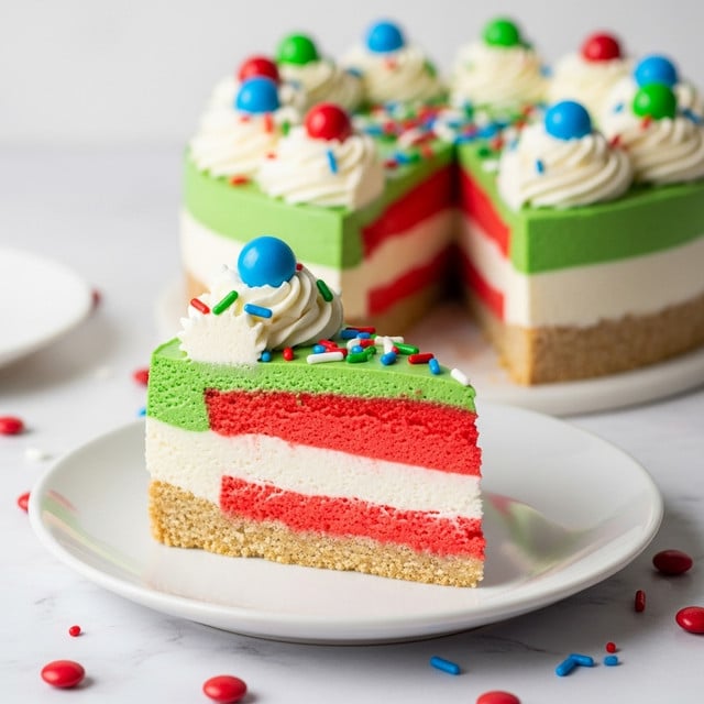 The image shows a slice of a colorful layered cake on a white plate, set on a white marbled surface with small pieces of red candy scattered around. From bottom to top, the cake has a crumbly beige crust, a thick bright red layer, a thinner white layer, and a thick green layer with a smooth texture. The top is decorated with white frosting dollops and a mix of small colorful sprinkles, including green, red, white, and blue round candies and rods. In the background, there is the rest of the cake with the same layers and decorations. Photo taken with an iphone --ar 4:5 --v 7
