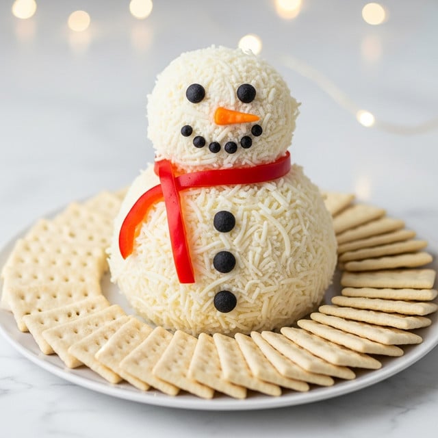 The image shows a snowman-shaped cheese ball made of two round layers covered with shredded white cheese, placed on a white plate. The smaller top layer forms the head, decorated with two dark round eyes, a small orange nose, and a curved smile made of small dark pieces. The bigger bottom layer forms the body, with three dark round buttons down the front. A bright red pepper slice is wrapped around the neck as a scarf. Around the snowman, a neat row of rectangular light beige crackers fans out on the plate. The setting is on a white marbled surface with soft, blurry lights in the background. Photo taken with an iphone --ar 4:5 --v 7