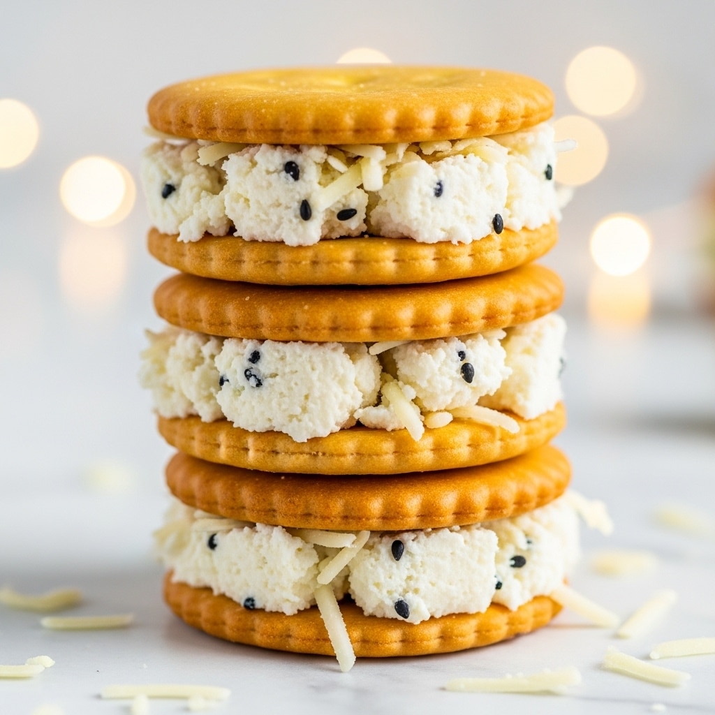 A tall stack of five golden round crackers is shown, each separated by a thick layer of creamy white cheese with small black seeds mixed in. The cheese looks soft and slightly crumbly, with some shredded bits scattered on top and between the layers. The crackers have a textured edge and look crunchy. The stack is placed on a white marbled surface with soft, blurry lights in the background, giving a cozy feel. photo taken with an iphone --ar 4:5 --v 7
