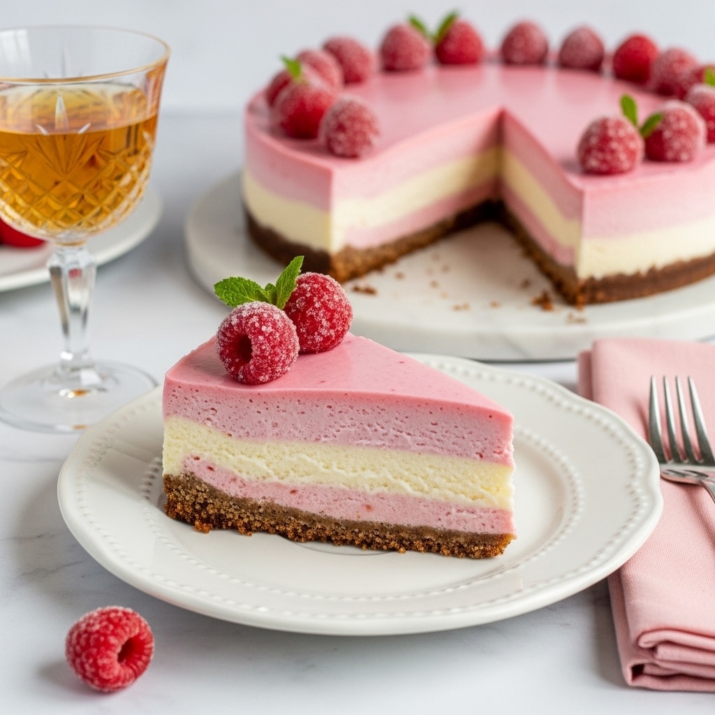 A slice of cheesecake with three clear layers is shown on a white plate; the bottom layer is a thick brown crust, the middle layer is a creamy off-white, and the top layer is pink with a smooth texture. On top, there are three sugar-covered red berries with a small green leaf. In the background, part of the whole cheesecake, a crystal glass with a golden drink, and folded pink napkins are placed on a white marbled surface. Photo taken with an iphone --ar 4:5 --v 7