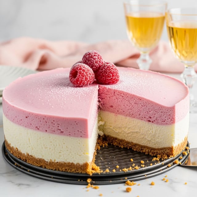 A thick cheesecake is shown with two layers: the bottom layer is creamy white with a dense texture, and the top layer is a smooth light pink. The cheesecake sits on a crumbly brown crust, in a round metal pan with a slice cut out, displaying the inside clearly. On top of the pink layer, there are three sugared red berries with a sugar dusting. The background has a soft pink cloth and two clear crystal glasses filled with a light golden drink, all on a white marbled surface. photo taken with an iphone --ar 4:5 --v 7