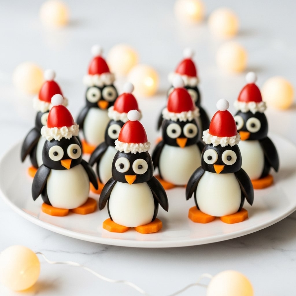 A white plate holds several cute penguin-shaped snacks made from boiled eggs for the white body, black olives for the head, wings, and back, and small carrot pieces for the beak and feet. Each penguin wears a tiny red Santa hat with white trim made from a small red pepper or tomato piece topped with white cream or cheese. The penguins are placed in a group on a white marbled surface with soft, round lights blurred in the background, creating a festive and bright scene. Photo taken with an iphone --ar 4:5 --v 7