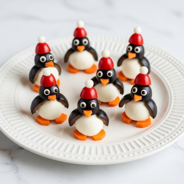 The image shows seven small penguin-shaped snacks arranged on a white plate with a textured rim, placed on a white marbled surface. Each penguin is made with a three-layer design: the bottom orange carrot pieces form the feet, the middle layer is a smooth white mozzarella ball as the body, and the top black olive halves create the head and wings. Each penguin has a small carrot slice sticking out as the beak. They are all topped with tiny red pepper hats decorated with a white puffy trim, mimicking Santa hats. The hats add a festive touch to the cute, food-crafted penguins. photo taken with an iphone --ar 4:5 --v 7