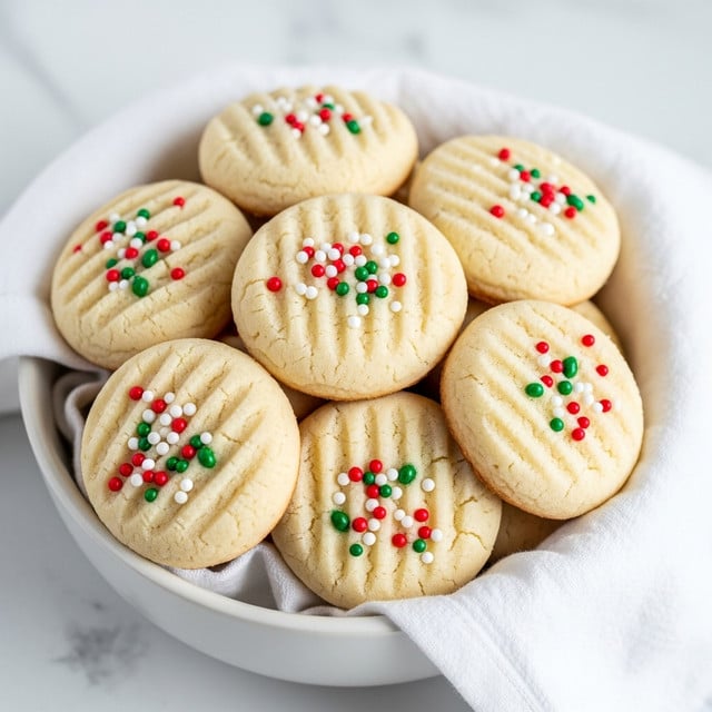 A white bowl filled with soft, round cookies stacked closely together, each cookie having a light, pale cream color with small ridges pressed into the top surface. The tops are sprinkled with tiny round sprinkles in red, green, and white, adding color contrast to the otherwise smooth and dense texture of the cookies. A white cloth napkin is partly tucked into the bowl, and the background is a white marbled texture that softly highlights the cookies. Photo taken with an iphone --ar 4:5 --v 7