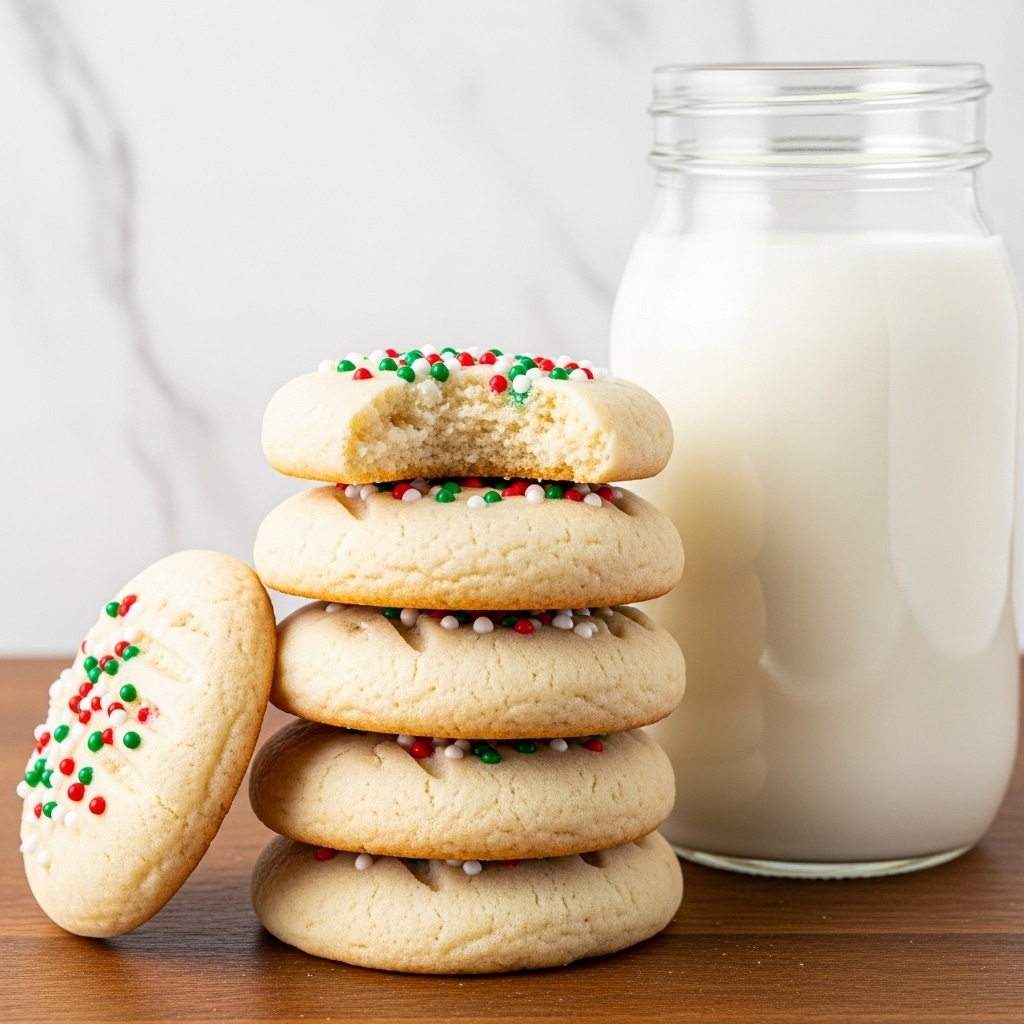 A stack of five soft, round cookies with a light beige color, sprinkled with small red, green, and white round sprinkles mainly on the top surface; the top cookie in the stack has a bite taken out, showing a soft and crumbly inside texture. The cookies have gentle fork marks on some parts and sit on a wooden surface, leaning beside a tall, clear glass jar filled with white milk. The background is a white marbled texture with a soft focus, giving a clean, bright look. photo taken with an iphone --ar 4:5 --v 7