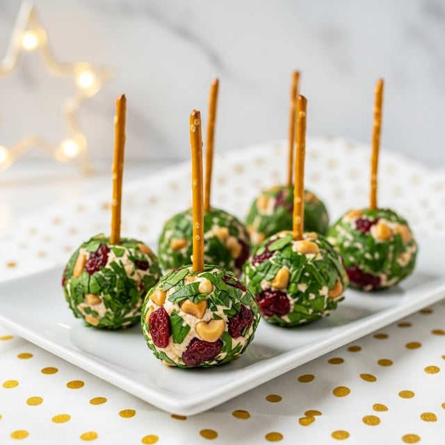 The image shows round cheese balls coated with a mix of chopped dried cranberries, green herbs, and walnut pieces, creating a colorful, rough outer layer. Each cheese ball is topped with a long, thin beige breadstick standing vertically in the center. The cheese balls rest on a smooth white plate which is placed on a white marbled surface, giving a clean and bright look. In the foreground, a white cloth with gold dots is slightly visible, adding a soft texture to the scene. The focus is sharp on the nearest cheese ball with the background softly blurred, highlighting the details of the toppings photo taken with an iphone --ar 4:5 --v 7