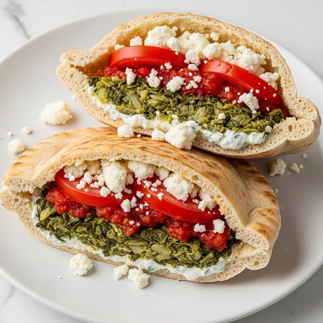 Two pita pockets cut in half sit on a white plate, each filled with several layers visible from the side. The bottom layer inside the pita is a white creamy spread, topped with a thick, textured layer of cooked green leafy vegetables. Above the greens is a bright red layer made of sliced tomatoes and some chunky red sauce. Crumbled white cheese is sprinkled on top of the fillings and around the pita on the plate. The pita bread is golden brown with some darker toasted spots, showing a soft, chewy inside. The whole scene is set against a white marbled surface. photo taken with an iphone --ar 4:5 --v 7