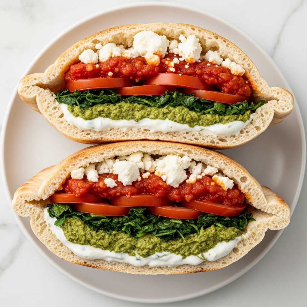 Two halves of a pita bread sandwich are placed on a white plate. Each half is filled with four layers: the bottom layer is white creamy sauce spread inside the pita, followed by a thick, green layer of cooked leafy greens. Above that is a bright red chunky tomato sauce layer, topped with thin slices of fresh red tomato. Crumbled white cheese pieces are scattered over the top and inside the pita. The pita bread is golden brown, toasted with a soft, airy texture inside, all set against a white marbled surface. Photo taken with an iphone --ar 4:5 --v 7