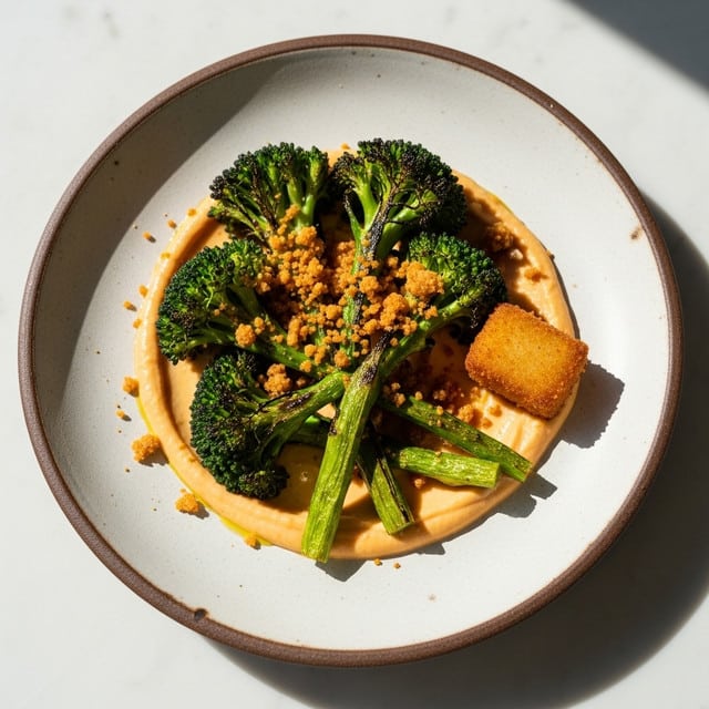A rustic white plate with a brown rim holds a dish with three layers: the base is a smooth, light orange creamy sauce spread in a circular shape; on top, there are several pieces of bright green roasted broccoli with slightly charred edges, arranged loosely in the center; scattered over the broccoli and sauce are crunchy, golden-brown crumbs adding texture, with a small, golden-brown rectangular fried piece sitting on the right side slightly embedded in the sauce. The plate is set on a white marbled surface, with soft natural light casting gentle shadows. photo taken with an iphone --ar 4:5 --v 7