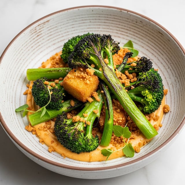 A rustic white bowl with a textured brown rim holds a dish starting with a base layer of creamy, light orange sauce spread in a round shape at the bottom. On top of the sauce, there are several pieces of bright green roasted broccoli with some charred blackened tips, arranged casually in the center. Nestled among the broccoli is one visible golden-brown crispy cube, likely tofu or another fried item, adding a different texture. The dish is sprinkled generously with crunchy-looking golden-brown crumbs, adding visual texture. Small sprigs of green herbs are placed near the edges, enhancing freshness. The bowl is set on a soft white marbled surface. photo taken with an iphone --ar 4:5 --v 7