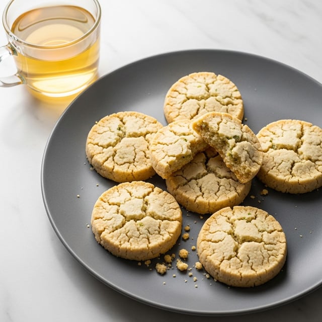 A gray plate holds six round shortbread cookies with a crumbly texture, each cookie showing a pale beige color with small, uneven cracks and fine green specks inside. One cookie is broken into two halves, positioned on top of the other whole cookies, with crumbs scattered around the plate's edge. The plate sits on a white marbled surface, and to the upper left of the plate, there is a clear glass cup filled with light yellow tea. The light shines softly, creating a warm and cozy feel. photo taken with an iphone --ar 4:5 --v 7