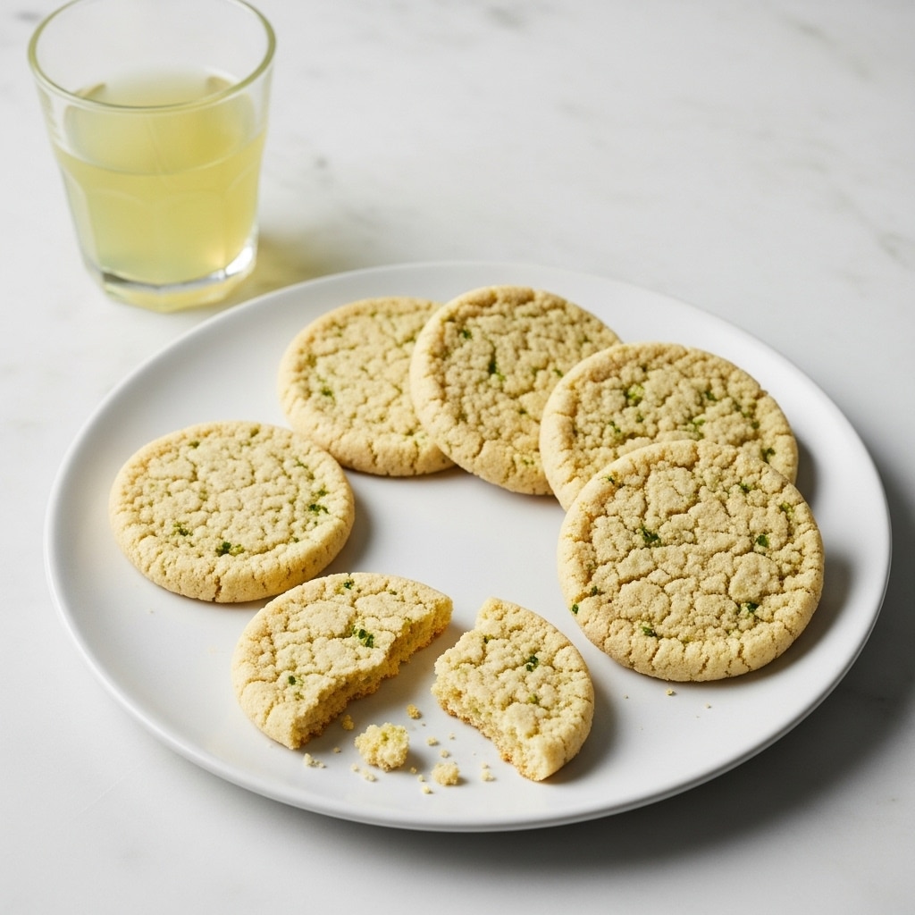 A white plate holds six round, flat cookies that are light beige in color with a crumbly texture and small green specks evenly spread throughout. One cookie is broken into two pieces with crumbs scattered on the plate. The plate sits on a white marbled surface, and to the upper left of the plate there is a glass cup filled with a light greenish-yellow liquid. The lighting is soft, casting gentle shadows and highlights on the cookies and the plate. Photo taken with an iphone --ar 4:5 --v 7