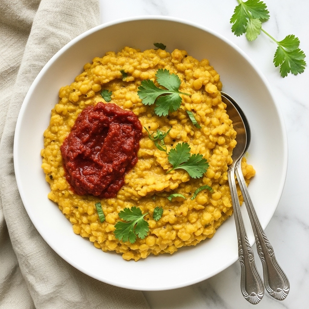 A white bowl filled with a thick, creamy yellow lentil dish that has a soft, slightly chunky texture. The yellow layer is mixed with small bits of spices and a few green cilantro leaves scattered on top. On one side, there is a dollop of deep red chutney, contrasting with the yellow. Two silver spoons rest inside the bowl, on the right edge, with detailed handles. The bowl is placed on a light beige cloth on a white marbled surface with a few more cilantro leaves scattered around. photo taken with an iphone --ar 4:5 --v 7
