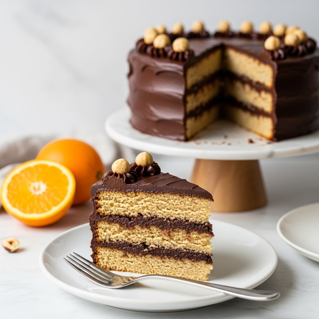 A slice of nutty three-layer cake sits on a white plate with a silver fork resting beside it. Each layer of the cake is light brown with a crumbly texture, separated by a thick, dark chocolate cream filling. The top of the slice is covered with smooth, rich dark chocolate frosting that extends slightly over the edges. In the background, the rest of the cake, equally frosted with dark chocolate and decorated with small round nuts on top, sits on a white cake stand with a wooden base, all placed on a white marbled surface. Bright orange halves add a splash of color to the soft, clean kitchen setting. Photo taken with an iphone --ar 4:5 --v 7