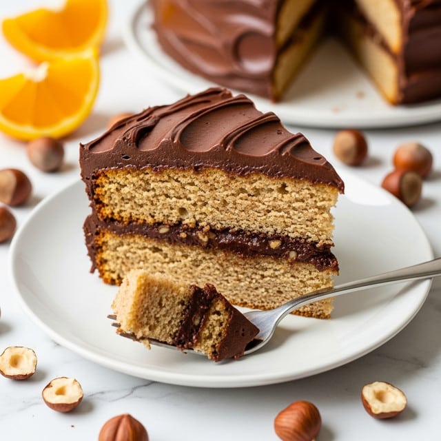 A slice of cake with two light brown nutty layers filled and topped with thick, smooth dark chocolate frosting sits on a white plate. The chocolate frosting on top has a shiny texture with mild swirl patterns. A fork with a piece of cake rests in front of the slice, showing the crumbly, moist texture of the cake and rich chocolate inside. Around the plate, there are a few whole and halved hazelnuts scattered, and some bright orange slices are visible in the background on a white marbled surface. photo taken with an iphone --ar 4:5 --v 7