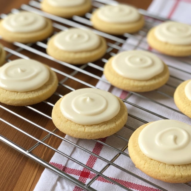 The image shows several round cookies with a light golden-brown base layer topped with a thin, smooth layer of creamy white icing spread evenly across each cookie. The cookies are arranged in rows on a metal cooling rack with thin, horizontal silver bars. The cooling rack is placed on a wooden surface beside a white cloth with a red checkered pattern. The background has a soft focus, and the overall lighting is warm and natural. photo taken with an iphone --ar 4:5 --v 7