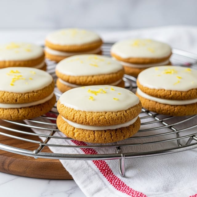 Several round cookies with a golden-brown base layer topped with a smooth, creamy white icing layer are placed on a metal cooling rack. Each cookie has two visible layers: the bottom is a thick, slightly crumbly, golden dough, and the top is a shiny, even layer of white icing with tiny lemon zest bits giving slight texture. The cooling rack rests on a wooden surface next to a white cloth with a red pattern, and the background is softly blurred, all set on a white marbled texture. photo taken with an iphone --ar 4:5 --v 7