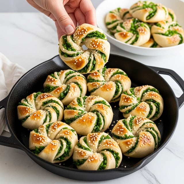 The image shows a black cast iron pan filled with seven round, twisted flatbreads, each layered with green chopped chives or scallions and sprinkled with white sesame seeds. The flatbreads have a golden brown crust on one side and a soft, light beige dough color on the rest, with layers twisted to show the herbs inside. The pan is on a white marbled surface, and a woman's hand is holding one of the flatbreads above the pan, focusing on its texture and layers. In the background, there is a white shallow bowl with more of these flatbreads, also sprinkled with chives. The scene is bright with natural light highlighting the contrast between the golden crust and green herbs. Photo taken with an iphone --ar 4:5 --v 7