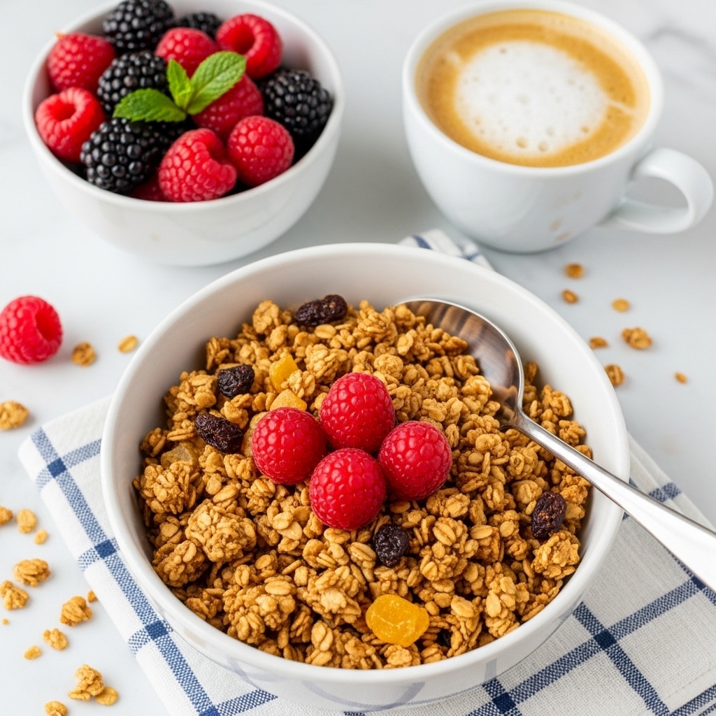 A white bowl filled with a layer of crunchy golden-brown granola mixed with small dried fruit pieces, topped with four bright red fresh raspberries scattered across the top. A silver spoon rests inside the bowl, partly covered by granola and some milk visible at the bottom. To the right, there is a smaller white bowl filled with a mix of fresh red raspberries and blackberries with a green mint leaf placed on top. A white cup of coffee with crema is positioned in the top right corner. All items sit on a white marbled surface with some granola spilled nearby and a blue and white checkered cloth partially under the bowl. photo taken with an iphone --ar 4:5 --v 7