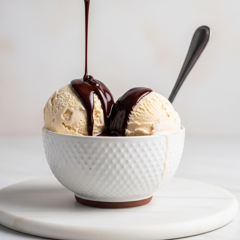 A white textured bowl filled with two scoops of creamy light beige ice cream, topped with thick, glossy dark chocolate sauce being poured from above, slowly dripping down the sides. The bowl sits on a small brown base on a white marbled surface, with a silver spoon resting behind it. The background is a simple soft off-white color. photo taken with an iphone --ar 4:5 --v 7