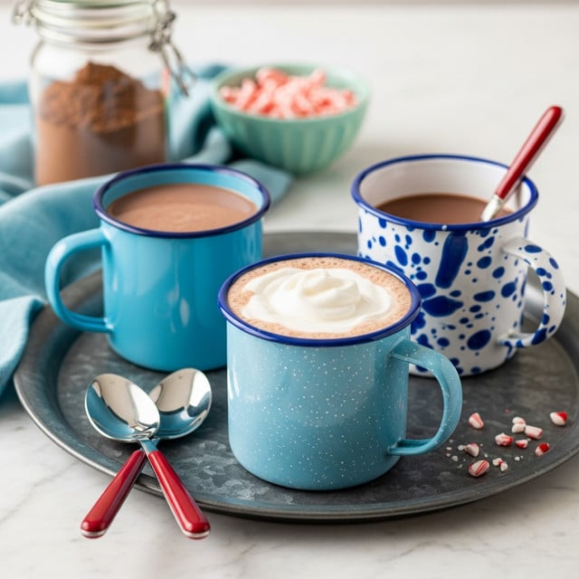 The image shows three blue enamel mugs filled with hot chocolate sitting on a round metal tray. The front mug is light blue with white speckles, topped with a dollop of white whipped cream. Behind it, to the left, is a solid blue mug with light brown hot chocolate inside. To the right, there is a white mug with a blue splash pattern, containing hot chocolate and a red-handled spoon resting inside. In front of the mugs on the tray, two silver spoons with red handles lie crossed. The setting includes a glass jar with cocoa powder and a small bowl with crushed candy canes in the back, along with a blue cloth on a white marbled surface. photo taken with an iphone --ar 4:5 --v 7