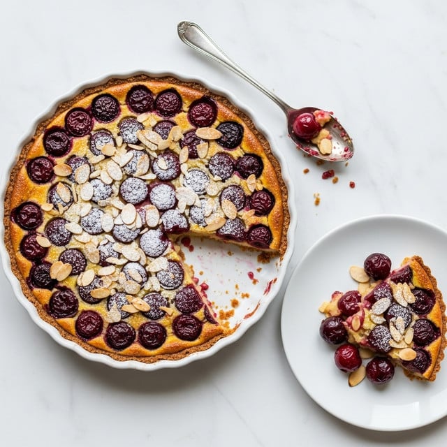 The image shows a white round tart dish with a baked cherry clafoutis, partially eaten, placed on a white marbled surface. The clafoutis has a golden brown baked crust visible around the edges, topped with dark red whole cherries and a light dusting of powdered sugar. Over the cherries, thin slices of toasted almonds are scattered. Next to the tart dish, there is a white plate holding a serving of the clafoutis with cherries and almonds on top. A silver spoon with remnants of the dessert rests inside the tart dish. Photo taken with an iphone --ar 4:5 --v 7