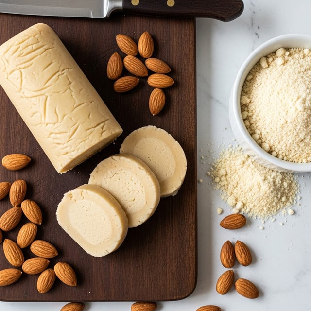 A light beige almond marzipan log is placed on a rustic wooden cutting board with a few round slices cut from one end, showing a smooth, slightly grainy texture. Scattered around the board are several whole brown almonds with a matte shell texture. To the right, a wooden bowl filled with coarse almond flour sits on a white marbled surface, with some flour spilled around it. A small knife with a dark wooden handle rests on the top left of the cutting board. The setting is simple and natural, with a soft, neutral light highlighting the textures and colors. Photo taken with an iphone --ar 4:5 --v 7