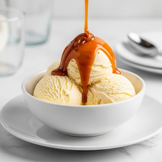 A white bowl filled with three rounded scoops of creamy pale yellow ice cream sits on a white plate. A thick, glossy caramel sauce is being poured from above, slowly covering the top and sides of the ice cream scoops with rich amber color and smooth texture. The setting includes a soft white marbled surface beneath the bowl, with a blurred spoon and glass in the soft-focus background. photo taken with an iphone --ar 4:5 --v 7