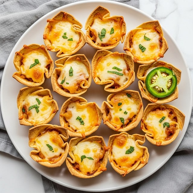 A white plate holds twelve small taco cup bites arranged closely together, each cup made from a crispy, slightly browned tortilla shell that forms a flower-like shape with pointed edges. Inside each shell, there is a golden-yellow melted cheese layer mixed with white melted cheese, bubbling and slightly browned on top. Small green herb pieces are scattered on the cheese, adding contrast. One taco cup on the right side has a slice of bright green jalapeño pepper with visible seeds, placed on top. The plate is resting on a white marbled textured surface with a soft gray cloth nearby. Photo taken with an iphone --ar 4:5 --v 7