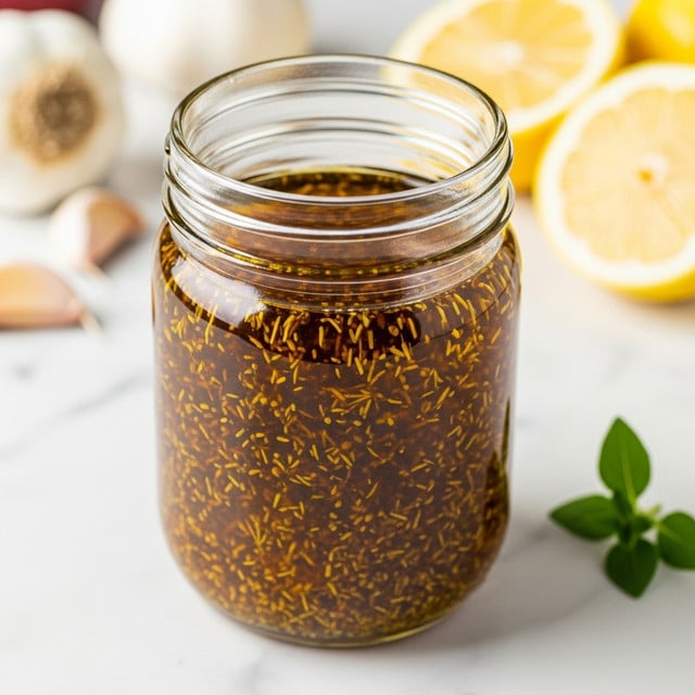 A glass jar filled with a dark golden liquid that has small specks of herbs floating in it, creating a textured look within the clear jar. The jar sits on a white marbled surface, surrounded by blurred garlic cloves and lemon wedges in the background, along with a small green herb leaf to the side. The liquid inside appears oily with a glossy surface. Photo taken with an iphone --ar 4:5 --v 7