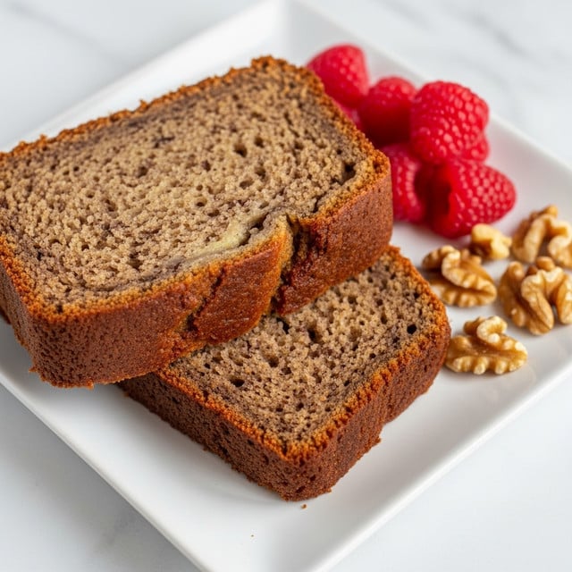 Two slices of moist banana bread with visible small dark specks and a slightly crisp golden-brown crust sit stacked slightly overlapping on a white square plate. To the right of the bread are a few fresh red raspberries and scattered pieces of walnut, all placed on a white marbled surface. The close-up view shows the detailed texture of the banana bread crumb, highlighting its soft and dense interior. Photo taken with an iphone --ar 4:5 --v 7
