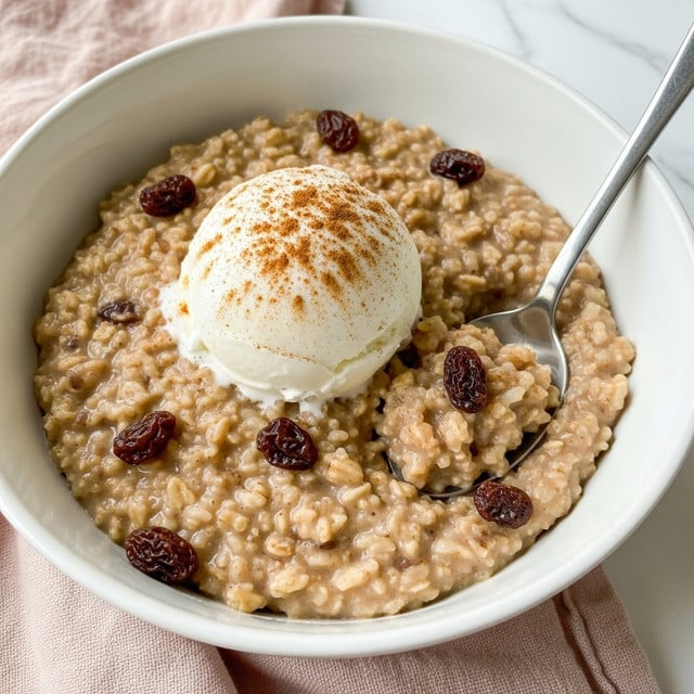 A white bowl holds a creamy beige oatmeal with visible dark brown raisins mixed throughout, creating a thick texture with small chunks and grains. On top of the oatmeal, there is a large smooth scoop of white ice cream placed slightly off center, sprinkled lightly with cinnamon powder. A silver spoon is dipped into the oatmeal on the right side of the bowl, showing the creamy mixture and raisins. The bowl sits on a soft, light pink fabric, and the background is a white marbled texture. photo taken with an iphone --ar 4:5 --v 7