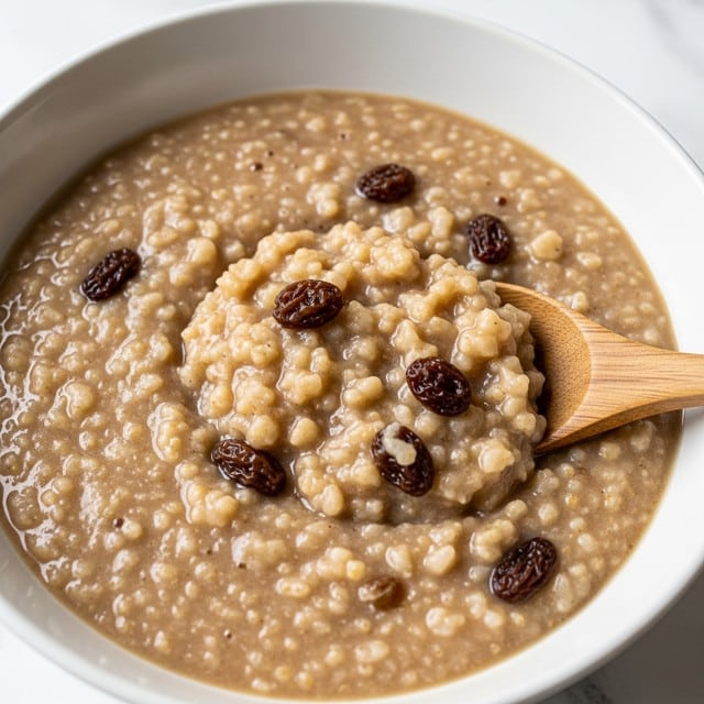 A close-up view of a creamy beige porridge with visible raisins mixed throughout, in a white bowl. The porridge has a thick, slightly lumpy texture with small grains and a smooth liquid base. A wooden spoon is partly submerged on the right side, blending into the porridge, showing the creamy consistency and some of the raisins around it. The background is a white marbled texture. photo taken with an iphone --ar 4:5 --v 7