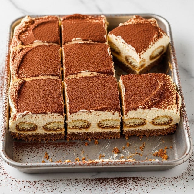 A square metal baking tray holds a partially eaten tiramisu cut into eight roughly square pieces, with one piece missing from the top right corner. The dessert has two visible layers: a thick, creamy light beige mascarpone layer on top, dusted heavily with a rich dark brown cocoa powder that creates a slightly uneven texture. Below the mascarpone layer, the soaked ladyfinger base is visible, showing a soft sponge texture with a darker brown coffee color. The edges of the tray have a slight dusting of cocoa powder, and the tray sits on a surface with a white marbled texture. photo taken with an iphone --ar 4:5 --v 7