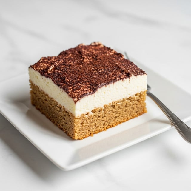 A square piece of dessert on a white, square plate placed on a white marbled surface. The dessert has two visible layers: the bottom layer is a light brown, moist sponge cake with a slightly uneven, crumbly texture, and the top layer is a thick, creamy white frosting that smoothly covers the cake. The top of the frosting is dusted with a dark cocoa powder, creating a rough textured dark brown layer. A silver fork lies next to the dessert on the plate. photo taken with an iphone --ar 4:5 --v 7