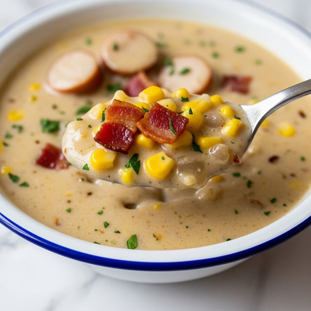 A close-up of a creamy soup in a white bowl with a blue rim on a white marbled surface. The soup is thick and light beige, filled with visible corn kernels, pieces of red bacon, and small bits of green herbs. A silver spoon lifts a scoop of the soup, showing the smooth and chunky texture with yellow corn, bacon bits, tiny green herb flakes, and some small round slices of white vegetable or sausage in the background. The soup's surface looks soft and rich, with a few darker bits scattered around. photo taken with an iphone --ar 4:5 --v 7