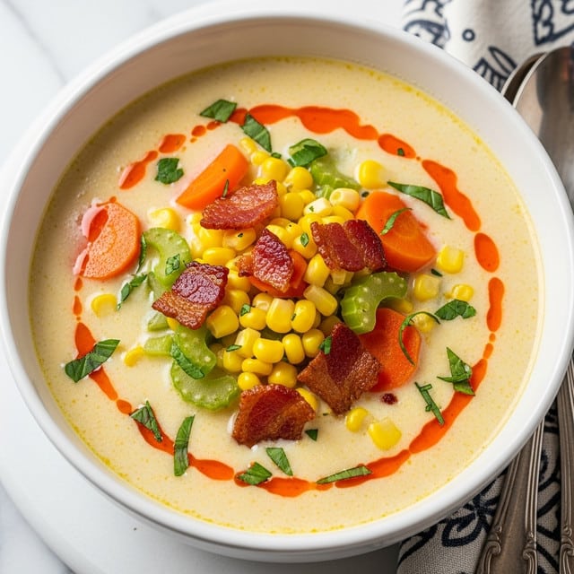 A close-up view of a creamy soup served in a white bowl, showing multiple layers of ingredients. The creamy base is pale yellow with spots of orange oil on top. Within the soup, there are orange carrot chunks, bright yellow corn kernels, green celery pieces, and crispy, reddish-brown bacon bits scattered throughout. Fresh green herb flakes are sprinkled on the surface, adding texture and color contrast. The bowl sits on a white marbled surface with part of a patterned cloth and silverware visible at the edge. Photo taken with an iphone --ar 4:5 --v 7
