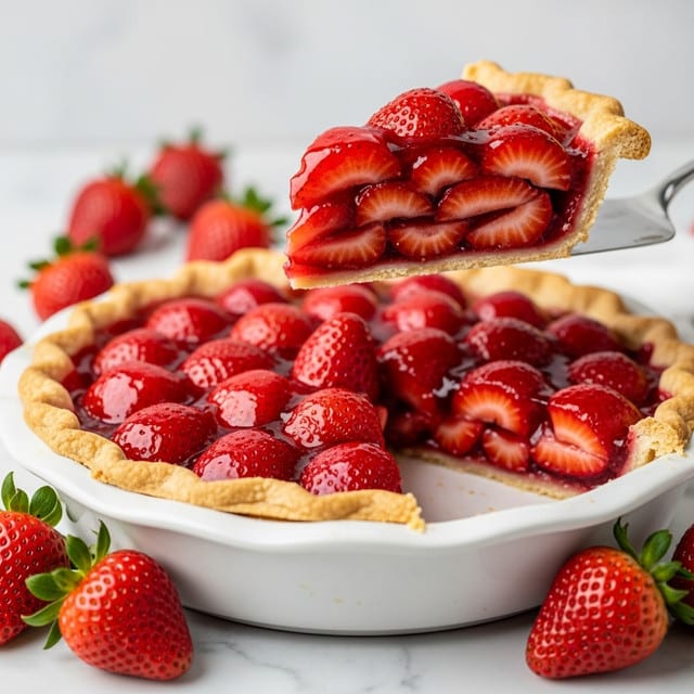 A slice of strawberry pie is being lifted above a white pie dish filled with more bright red, glossy strawberries that shine under a gel-like glaze. The pie crust is golden and flaky, curling slightly at the edges. Inside the slice, several layers of sliced strawberries rest on a thin, slightly crumbly crust base. Around the pie, whole and halved fresh strawberries are scattered on a white marbled surface. The background is softly blurred, emphasizing the juicy red strawberries and the pie’s textures. Photo taken with an iphone --ar 4:5 --v 7
