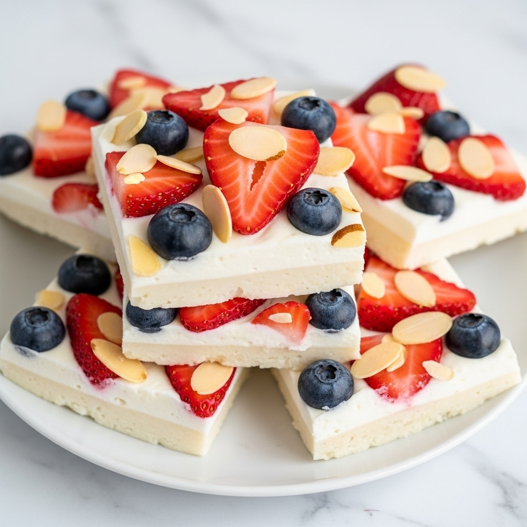 The image shows a white plate with several stacked pieces of a frozen treat made of two layers. The bottom layer is a solid, smooth white base, while the top layer is creamy white and covered with fresh fruit and nuts. Large slices of bright red strawberries and whole dark blue blueberries are scattered evenly on the top. Thin, light brown almond slices are sprinkled over the fruit, adding texture and a crunchy look. The plate sits on a white marbled texture, and the overall colors are bright and fresh. Photo taken with an iphone --ar 4:5 --v 7
