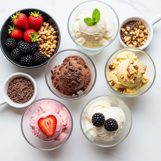 The image shows five glass dessert bowls arranged on a white marbled surface. Each bowl holds a scoop of ice cream in different colors and flavors: a light pink scoop topped with a sliced strawberry on the bottom left, a rich brown chocolate scoop sprinkled with dark chocolate shavings in the center, a creamy white scoop garnished with two blackberries on the bottom right, a pale yellow scoop mixed with chopped nuts on the top right, and another creamy white scoop decorated with a small green mint leaf on the top middle. Around the bowls are small white dishes and a dark bowl holding loose strawberries, blackberries, chopped nuts, and dark chocolate shavings, creating a fresh and colorful presentation. Photo taken with an iphone --ar 4:5 --v 7